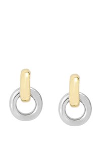 Boucles d'oreilles en argent et en or avec un design circulaire ; finition en métal poli avec un grand cercle extérieur et une petite boucle d'accent.