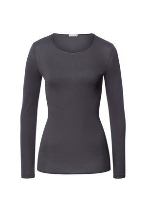 Grijze top met lange mouwen, gemaakt van rekbaar materiaal. Heeft een ronde halslijn en een slim fit, met een gladde textuur en geen zichtbare patronen.