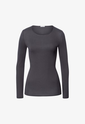Maglia a maniche lunghe grigia realizzata in tessuto elasticizzato. Presenta un collo rotondo e una vestibilità slim, con una texture liscia e senza motivi visibili.