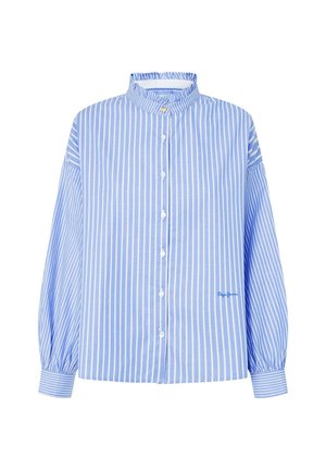 Blue and white striped blouse with a high collar, puffed long sleeves, and front button closure. Features embroidered logo on the side.