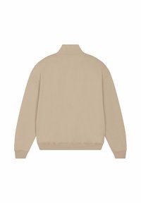 Sweat-shirt beige à manches longues avec poignets, ourlet et col montant côtelés, vu de dos sur un fond blanc.