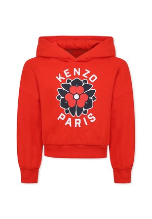 Felpa rossa cropped con cappuccio regolabile. Presenta una grande grafica floreale in nero e rosso, con il testo "KENZO PARIS" in bianco. Polsini a costine.