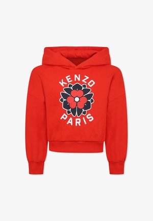 Rode cropped hoodie met een trekkoord capuchon. Heeft een grote bloemenprint in zwart en rood, met de tekst "KENZO PARIS" in het wit. Geribde manchetten.