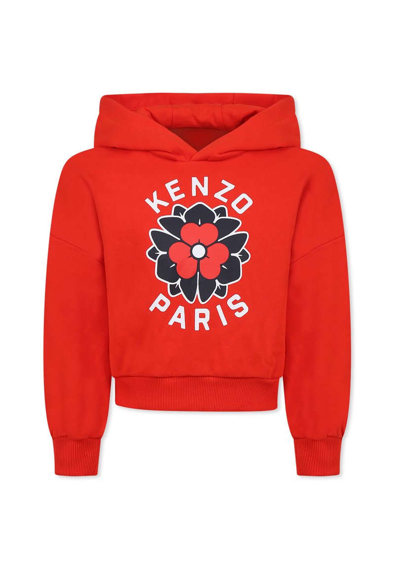 Haut en hoodie rouge court avec un cordon de serrage. Présente un grand motif floral en noir et rouge, avec le texte "KENZO PARIS" en blanc. Poignets côtelés.