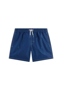 Costumi da bagno blu navy realizzati in materiale leggero, con un elastico in vita e lacci bianchi, tasche laterali e cuciture bianche a contrasto.