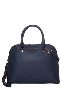 Borsa a mano in pelle blu scuro con forma strutturata, doppi manici superiori, tracolla staccabile, hardware in tonalità oro e dettaglio del logo sul fronte.
