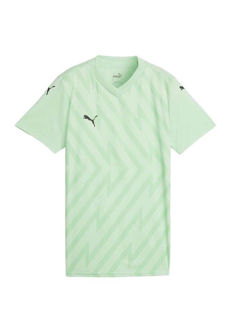 Maglietta sportiva verde chiaro con scollatura a V, caratterizzata da un motivo a zigzag in una tonalità leggermente più scura e dettagli con logo Puma neri sulle spalle.