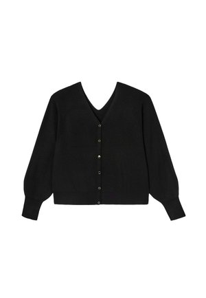 Cardigan noir à col en V avec manches longues et six boutons sur le devant, en tissu tricoté doux.