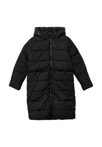 Langer schwarzer Puffercoat aus steppgewebtem Stoff, ausgestattet mit Kapuze, Reißverschluss und Seitentaschen. Glatte Textur mit glänzender Oberfläche.