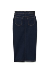 Falda lápiz de denim azul oscuro con un corte a media longitud, que cuenta con dos bolsillos traseros y costuras naranjas a lo largo de las costuras, tela texturizada.