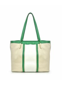 Borsa a tracolla realizzata in tela color crema con dettagli in pelle verde. Presenta due strisce verticali verdi, una striscia centrale bianca e doppi manici.