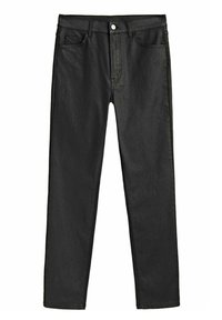 Zwarte denimbroek met een slim fit, voorzien van zijzakken, een muntzakje en een metalen knoopsluiting. Gladde textuur en minimale details.