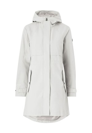 Lichtgrijze regenjas tot op de knie met kap, ritssluiting aan de voorkant, twee steekzakken met kleppen en verstelbare polsbandjes.