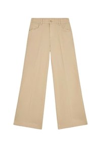 Pantaloni beige a gamba larga realizzati in misto cotone. Presentano tasche frontali, chiusura con bottone e un taglio dritto che si allarga verso l'orlo.