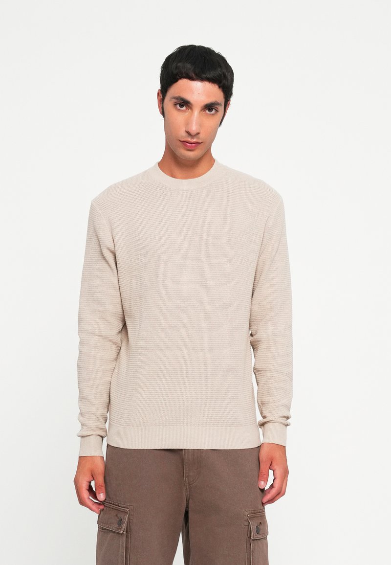 Beige strukturierter Langarmpullover mit Rundhalsausschnitt und gerippten Bündchen. Kombiniert mit braunen Cargo-Hosen steht das Model vor einem schlichten Hintergrund.
