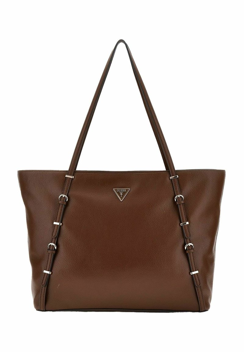 Borsa a tote in pelle marrone con hardware in argento, caratterizzata da un logo triangolare, doppi manici superiori e dettagli con cinghie laterali per un tocco in più.