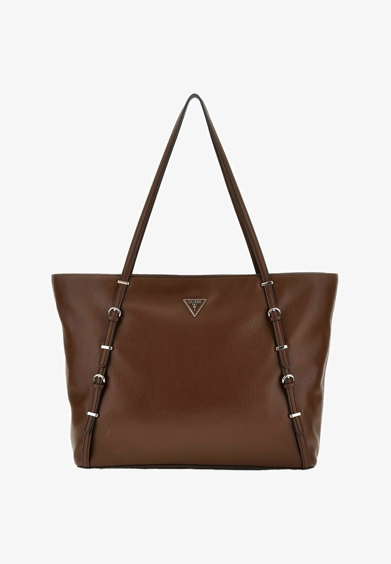 Borsa a tote in pelle marrone con hardware in argento, caratterizzata da un logo triangolare, doppi manici superiori e dettagli con cinghie laterali per un tocco in più.