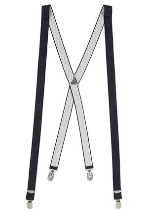 Bretelles réglables bleu marine et blanches avec un petit motif à pois et des clips métalliques argentés à chaque extrémité.