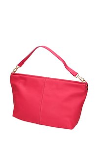 Borsa sintetica rosa con finitura opaca, una sola tracolla e dettagli in hardware dorato. La forma è rettangolare e presenta una texture liscia.