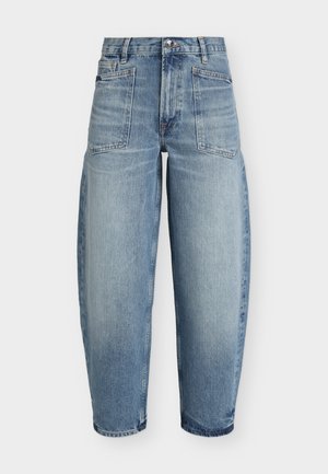 Light blue denim jeans with wide legs, high waist, front patch pockets, button closure, and faded wash details.