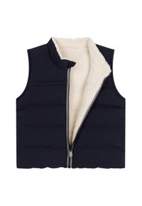 Temno modra puhovka brez rokavov z visokim ovratnikom, obložena z belo flis podlogo in dvojno zadrgo. Zunanjost je gladka s prešitimi paneli.