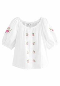 Hvid bomuldsbluse med korte pufærmer, rund halsudskæring, knapper fortil og blomsterbroderi i pink og grøn på ærmerne og kroppen.