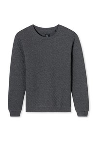 Grijze sweatshirt met een gewatteerde textuur, ronde halslijn, lange mouwen en geribbelde manchetten en zoom. Minimalistisch ontwerp, geen grafische elementen.