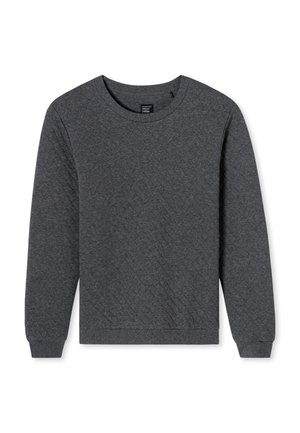 Gray pullover sweatshirt with a quilted texture, round neckline, long sleeves, and ribbed cuffs and hem. Minimalist design, no graphics.