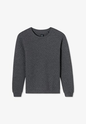 Sudadera de felpa gris con textura acolchada, cuello redondo, mangas largas y puños y dobladillo acanalados. Diseño minimalista, sin gráficos.