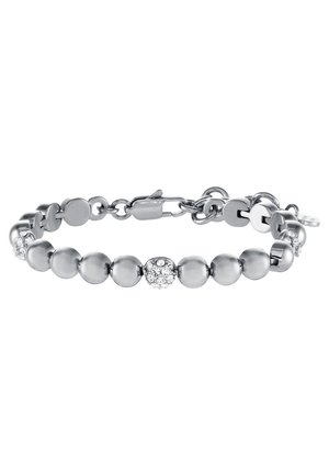 Bracelet à perles en argent avec des perles rondes polies et une perle centrale incrustée de cristaux clairs, équipé d’un fermoir mousqueton.