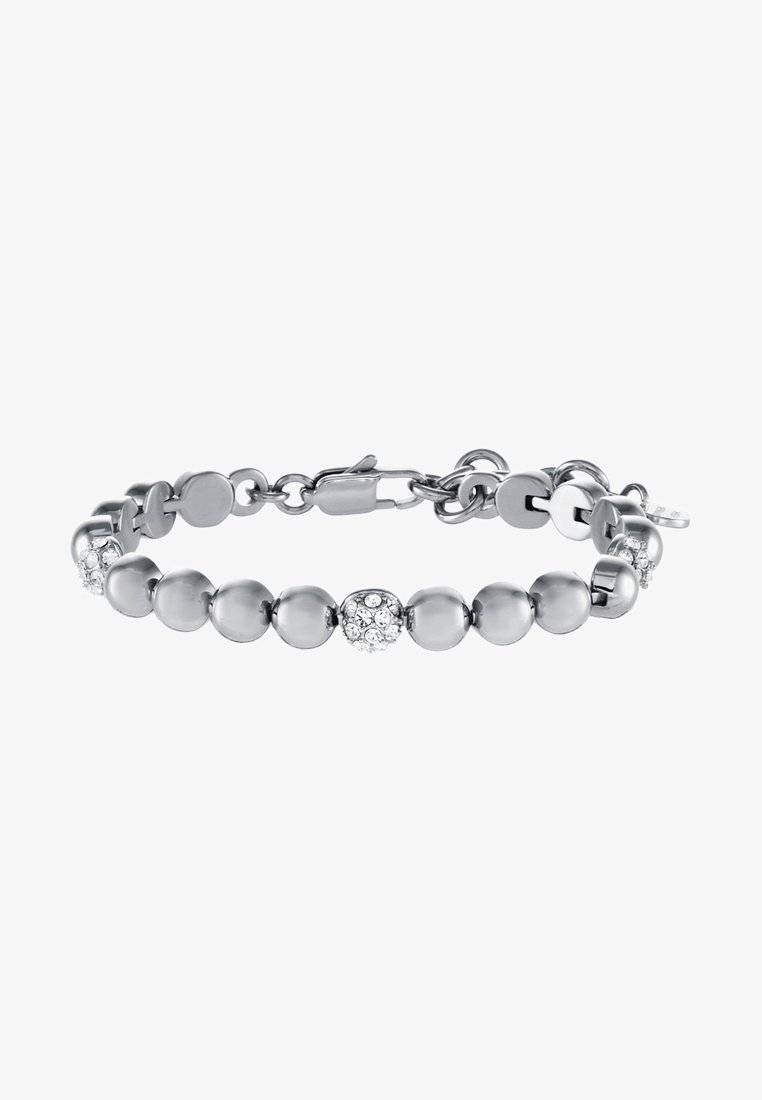 Bracelet à perles en argent avec des perles rondes polies et une perle centrale incrustée de cristaux clairs, équipé d’un fermoir mousqueton.