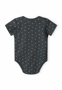 Siv bodysuit s kratkimi rokavi z vzorcem majhnih modrih zvezd, izdelan iz mehkega bombaža, z zaobljenim izrezom in zatičem na dnu.