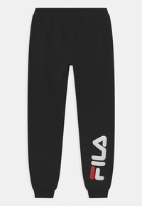 Svarta fleece-joggingsbyxor med elastisk midja, sidfickor och vitt logotyptryck med röd accent på underbenet.