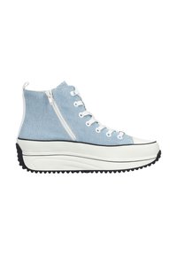 Korkeat tennarit vaaleansinisestä denimistä, joissa on valkoinen kumipohja. Sisältää sivuvetoketjun, valkoiset nauhat ja mustan pitoalustan.