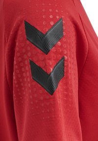 Rød sweatshirt med en struktureret overflade, der har sorte chevron-mønstre og cirkulære detaljer på ærmet. Let og afslappet design.