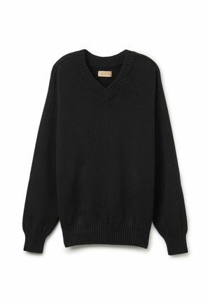 Svart v-ringad tröja i mjukt stickat tyg. Har ribbade muddarna och nederkanten, med en avslappnad passform och inläggna ärmar.