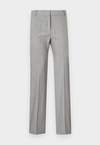 Φόρμες παντελονιού φόρεμα σε ίσια γραμμή σε ανοιχτό γκρι χρώμα με διακριτικό καρό μοτίβο, εμπρός φερμουάρ και θηλιές για ζώνη, τοποθετημένες επίπεδες σε λευκό φόντο.