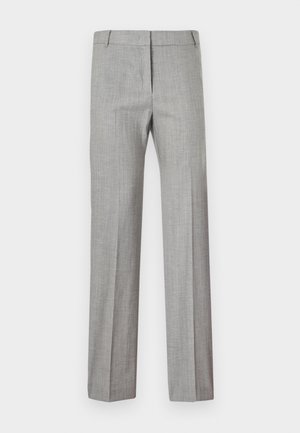 Hellgraue, gerade geschnittene Anzughose mit feinem Karomuster, vorn mit Reißverschluss und Gürtelschlaufen, flach auf weißem Hintergrund ausgelegt.