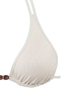 Light beige bikini top with a textured pattern, triangular shape, adjustable straps, and gathered detail with a wooden bead accent.