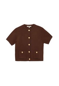 Brauner kurzärmeliger Cardigan mit rundem Ausschnitt, goldenen Knöpfen und zwei seitlichen Taschen. Hergestellt aus einem strukturierten Strickmaterial.
