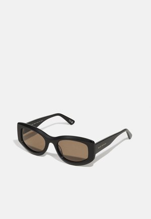 Black rectangular sunglasses with brown lenses, thick frame, and flat temples featuring branding on the side. Smooth texture with a glossy finish.