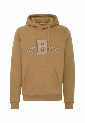 Brown hoodie with a kangaroo pocket, ribbed cuffs, and hem. Features "B" and "UNLIMITED" embroidered in contrasting colors on the front.