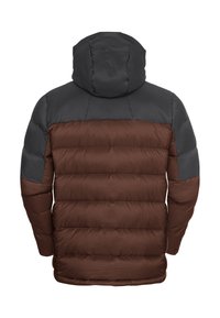 Vista posteriore di un giubbotto invernale imbottito con cappuccio, caratterizzato da un corpo trapuntato marrone e spalle e maniche superiori grigie scure.