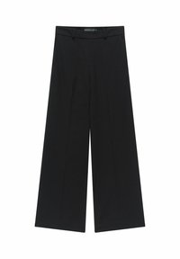 Zwarte wijde broek met een gladde stofafwerking, voorzien van een tailleband en zonder zichtbare zakken of versieringen.