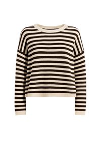 Braun- und beige gestreifter Strickpullover mit langen Ärmeln und Rundhalsausschnitt, auf einem schlichten weißen Hintergrund präsentiert.