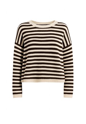 Brown and beige horizontal striped knit sweater with long sleeves and a round neckline, displayed on a plain white background.