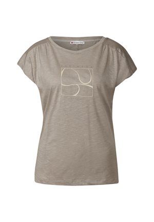 Ljusbrun t-shirt med korta ärmar och rund halsringning. Har en geometrisk, beige grafisk design i mitten. Mjuk textur.