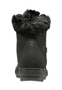 Botas negras impermeables hasta el tobillo con un suave cuello de piel sintética, material de ante, suela de goma y detalle del logotipo en el tacón.