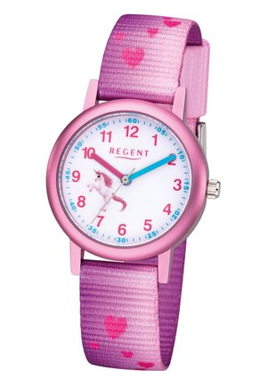 Montre analogique pour enfants rose avec une licorne rose sur le cadran, des aiguilles roses et bleues, et un bracelet rose décoré de cœurs.