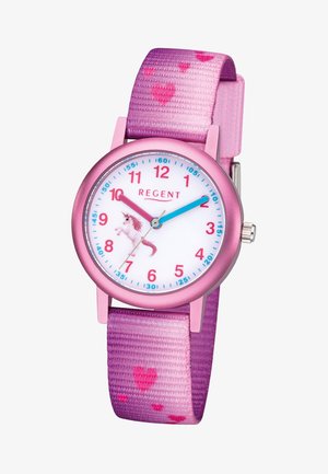 Kinder-Analog-Uhr in Pink mit einem pinkfarbenen Einhorn auf dem Zifferblatt, pinken und blauen Zeigern sowie einem pinkfarbenen Armband, das mit Herzen verziert ist.